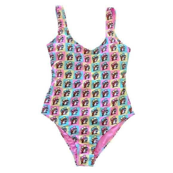 Buc-ee's Beaver All Over Print One Piece Swimsuit Pink Multi Size M NWT - Picture 1 of 4
